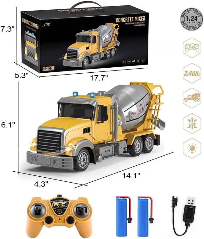 RC Cement Mixer Toy Truck for Boys - 6 Channel Remote Control Construction Toys with 2 Rechargeable Batteries 1:24 Auto Demo 360 Degree Stirring Vehicles with Lights for Kids