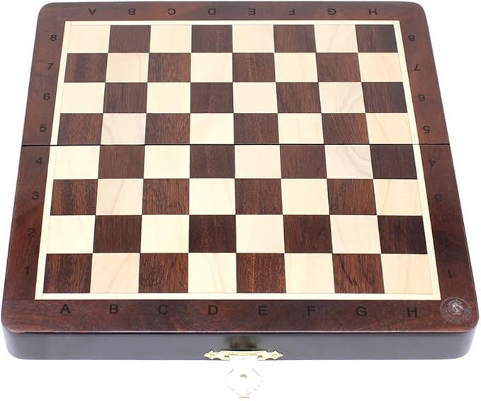 House of Chess - 8 Inch Wooden Magnetic Folding Travel Chess Set - Board with Algebraic Notation + 2 Extra Pawns &amp 2 Extra Queens- Handmade (Ringy Rosewood)