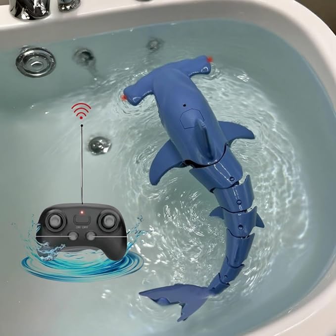 Beach and Summer Pool Remote Control Shark Boat Bath Toy RC Submarine Robo Shark Model Realistic Wiggle-Tail Electric Fish Hammerhead and Dusky Sharks (Cyan)