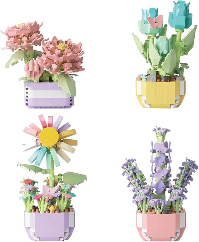 Mini Flower Bouquet Building Sets - Botanical Collection Artificial Flowers for Home Decor Creative Easter Gifts for Teens Girls &amp Adults (Chrysanthemum sunflower tulip lavender set of four)