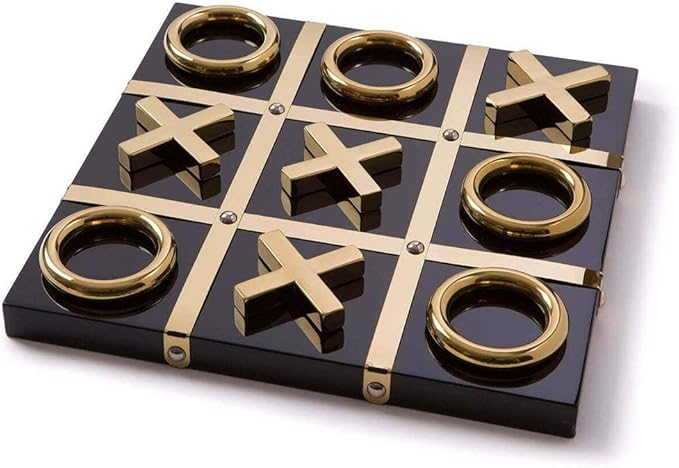 Modern Tic Tac Toe for Home Decoration Gold and Black Hand Crafted with Black Wood and Gold Color Stainless Steel Decorative Tic Tac Toe Table Top Decoration X/O Board