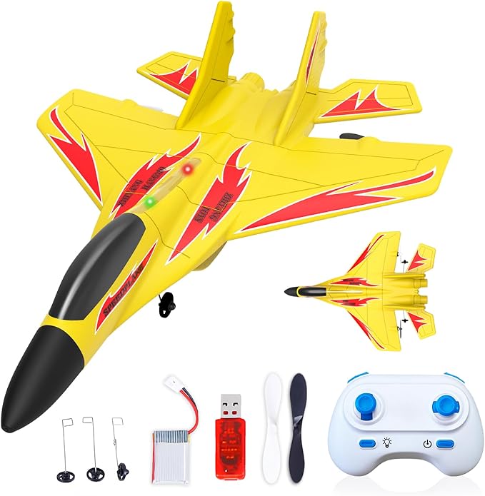 Foam Remote Control Wireless Airplanes RC Planes Remote Control Fighter Toys 2CH 2.4Ghz RC Fighter Jet with Light Hobby Rc Airplanes Easy to Fly for Kids Boys Adults(Yellow)