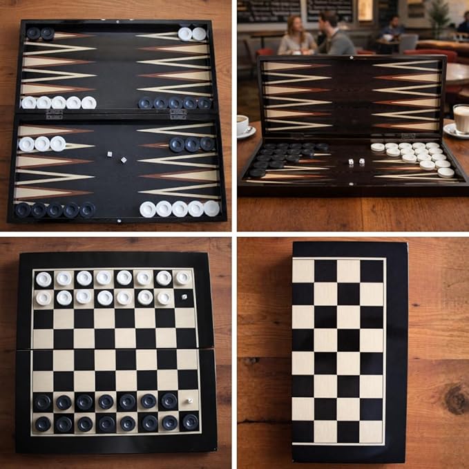 Park&ampOz Premium Turkish Backgammon and Checkers Set 19 Inch Handmade 2 in 1 Wooden Board Game with Glossy Finish Luxury Checkers and Dice Travel Friendly and Foldable (Dark Wenge)