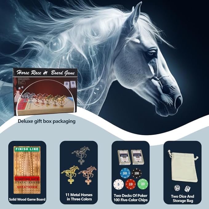 Large 21 inches Horse Racing Board Game with 11 Luxury Metal Horses Thickened Wood Horse Race Game Board with 2 Sets of Dice2 Boxes of Cards and 100 Poker Chips for Parties and Gambling