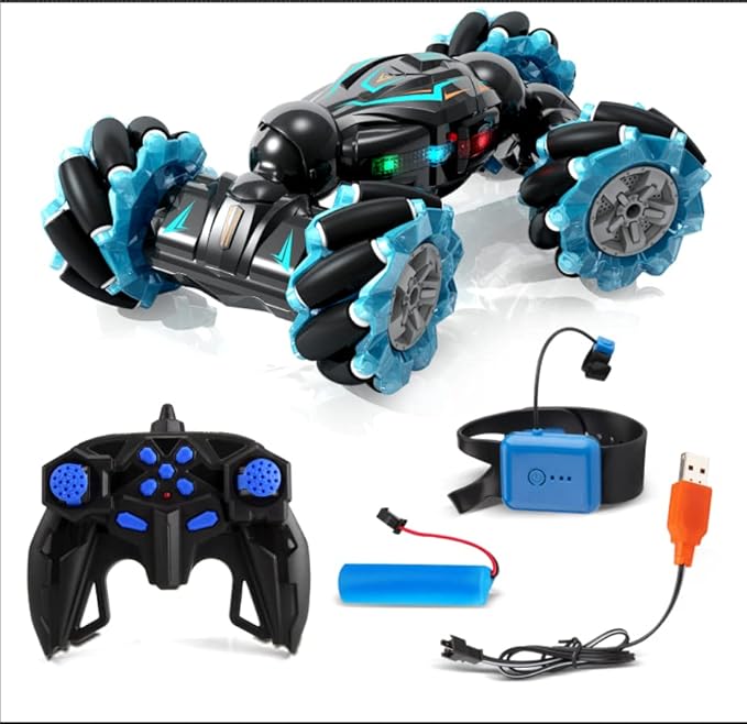 Deejoy 1:12 Gesture Sensing RC Stunt Car 2.4GHz 4WD Hand Controlled Remote Control Car for Boys 8-12 Double Sided Rotating Off Road Vehicle 360° Flips with Lights Music for Birthday