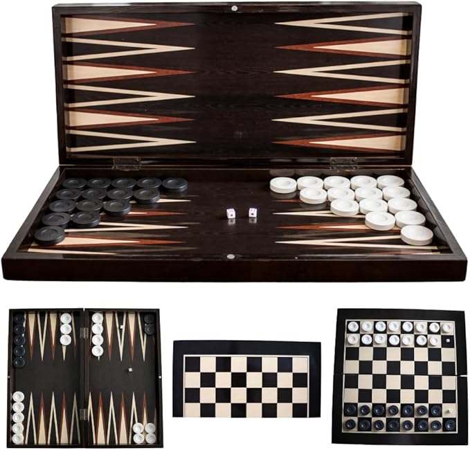 Park&ampOz Premium Turkish Backgammon and Checkers Set 19 Inch Handmade 2 in 1 Wooden Board Game with Glossy Finish Luxury Checkers and Dice Travel Friendly and Foldable (Dark Wenge)