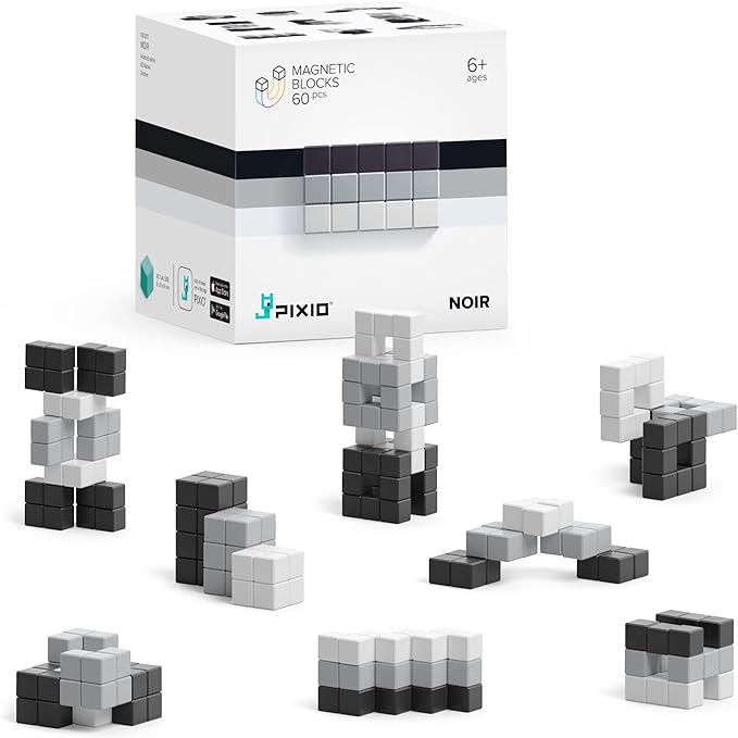 PIXIO Noir - Tiny Magnetic Blocks Building Toy in The Pixel Art Style with Free App - 5/16 Plastic Cubes with 6 Magnets Inside - Open Ended Toy - Creativity Toy for Ages 6+ - 60pcs