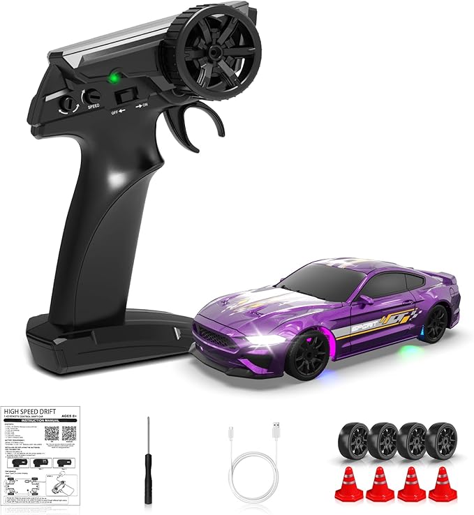 1/43 RC Drift Car Mini Drifting RC Car with Gyro 2.4GHz Full Proportional Drift Cars 4WD RTR Remote Control Cars with Colorful Lights Gyroscope Fast Racing Vehicle Gift for Kids Boys Adults