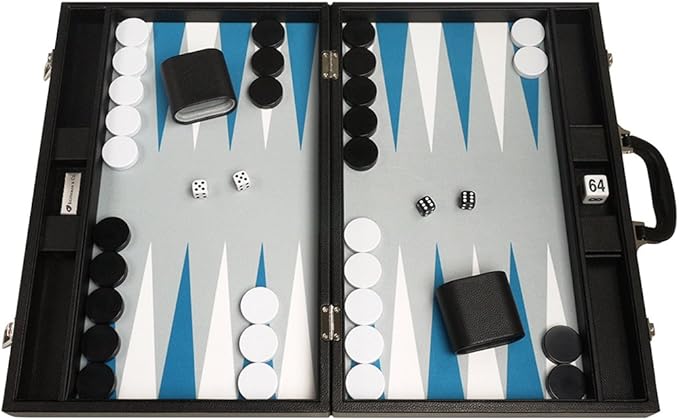 19-inch Premium Backgammon Set - Large Size - Black with White and Astral Blue Points