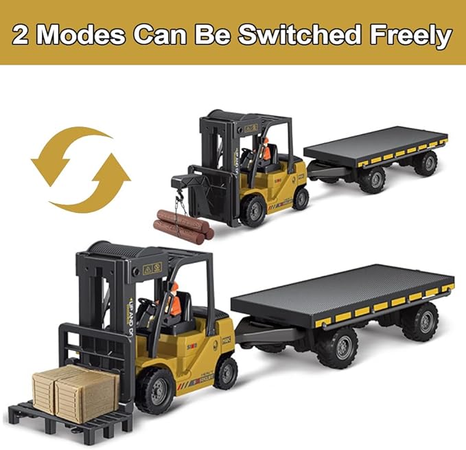 Remote Control Forklift with Flatbed Truck 11 Channel RC Forklifts with Spray Cool Lights &amp Sound 2 in 1 Lift Fork &amp Hook Crane Construction Toys for Boys Birthday Gift for Kids 3+