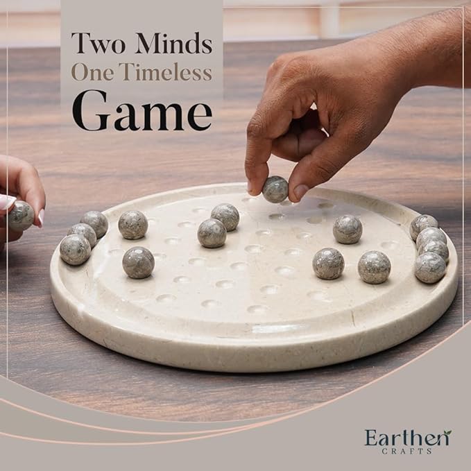 Marble Peg Solitaire Board Game 10 Inches Beige One Player Game Brain Teaser Puzzle with Oceanic Balls Tabletop Game for Family Only