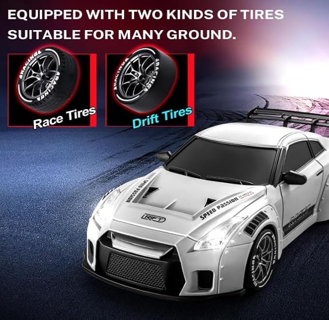 RC Drift Car 1:24 Scale Remote Control Vehicle with LED Lights 2.4GHz 20KM/H 4WD High Speed RC Cars Drifting Tires＆Two Batteries. (GTR-Gray)