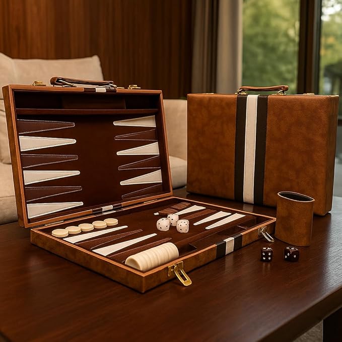 15inch Backgammon Set Classic Folding Board with Leather Case Portable Travel Game Ideal Gift Package for Strategy Lovers