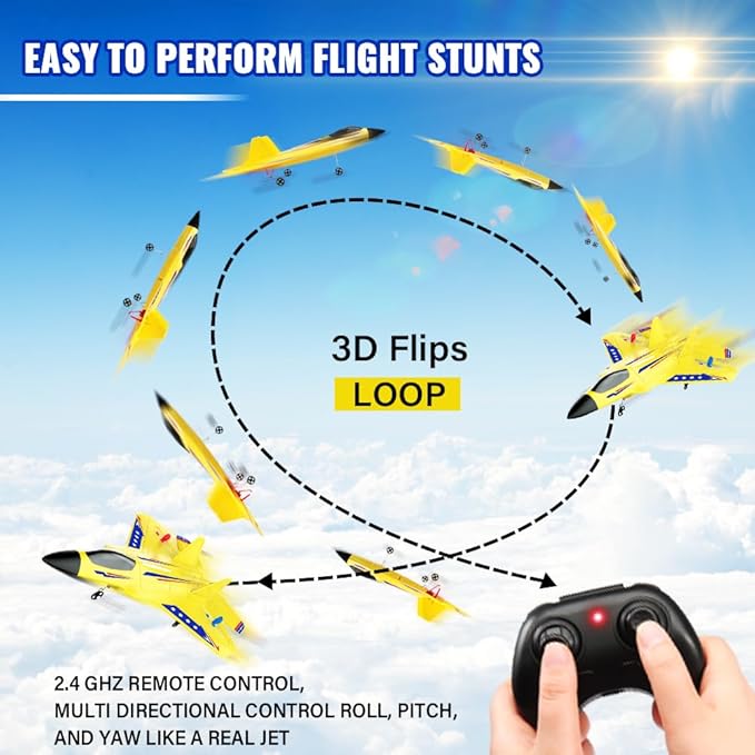 Yellow RC Plane for Kids Upgrade F-22 Raptor Fighter RC Airplane Remote Control Airplane Toys 2.4 GHZ Smart 6-axis Gyro Stabilizer RTF RC Jet Aircraft Easy to Fly Outdoor Toy RC Glider for Beginners
