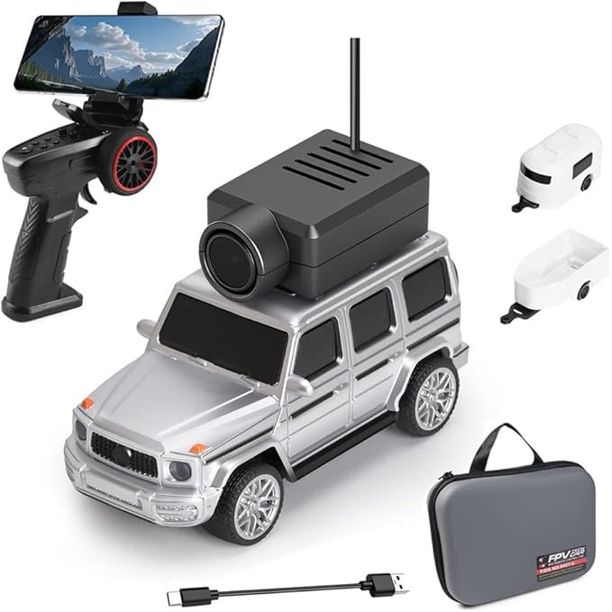 GoolRC WLtoys 6406-C Mini RC Car 2.4GHz 1:64 Scale FPV Remote Control Car with Camera 720P APP Control Rear Drive Vehicle with 2 Trailers and LED Lights for Adults (Silver)