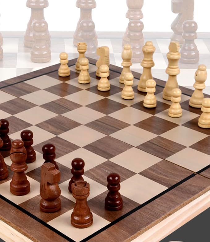 Wooden Chess and Checkers Set 2-in-1 – Folding Board with Storage Classic Staunton Chess Pieces and Checker Chips Portable Travel Game for Kids Adults Beginners and Family Fun