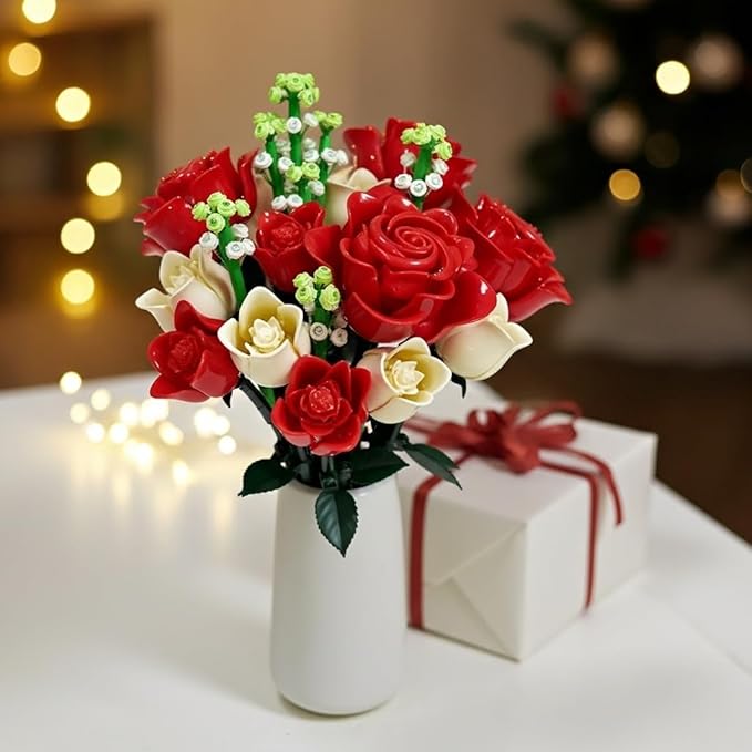 WISEPLAY Rose Bouquet Flower Building Set – 697 PCS for Women DIY Red &amp White Rose Flower Building Blocks Creative for Adults &amp Teens
