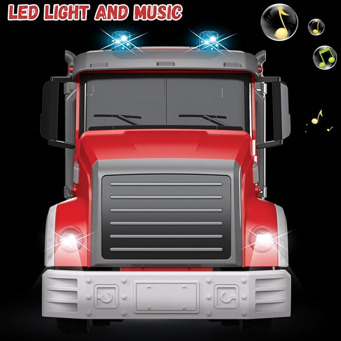 RC Fire Truck Toy - Remote Control Toy Fire Truck - Rescue Fire Engine 11 CH with Rotating Water Spraying Pump Lights Sounds 2.4G Firetruck Toy for Kids Boys