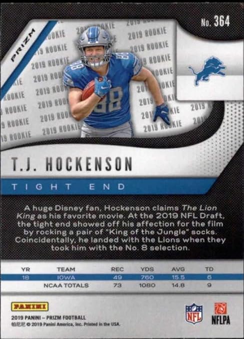 2019 Panini Prizm Prizm Silver #364 T.J. Hockenson Detroit Lions RC Rookie NFL Football Trading Card
