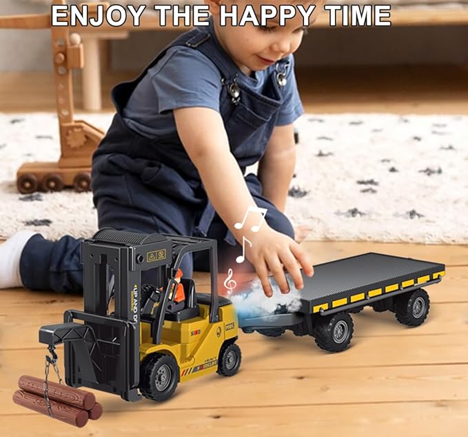 Remote Control Forklift with Flatbed Truck 11 Channel RC Forklifts with Spray Cool Lights &amp Sound 2 in 1 Lift Fork &amp Hook Crane Construction Toys for Boys Birthday Gift for Kids 3+