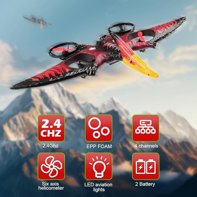 Dinosaur Remote Control Drone 2.4G EPP Foam RC Pterodactyl Hobby RC Airplanes with 6-Axis Gyro One Key Takeoff Landing Stunt Roll &amp 360 Flip Fighter Jet Toy Christmas Birthday Gift for Boys Gi