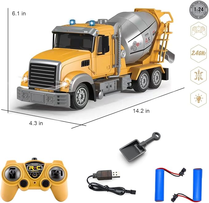 Fistone RC Cement Mixer Toy 6 Channel Truck with Lights 1:24 Electric 360 Degree Stirring Vehicle Rechargeable Construction Truck for Kids