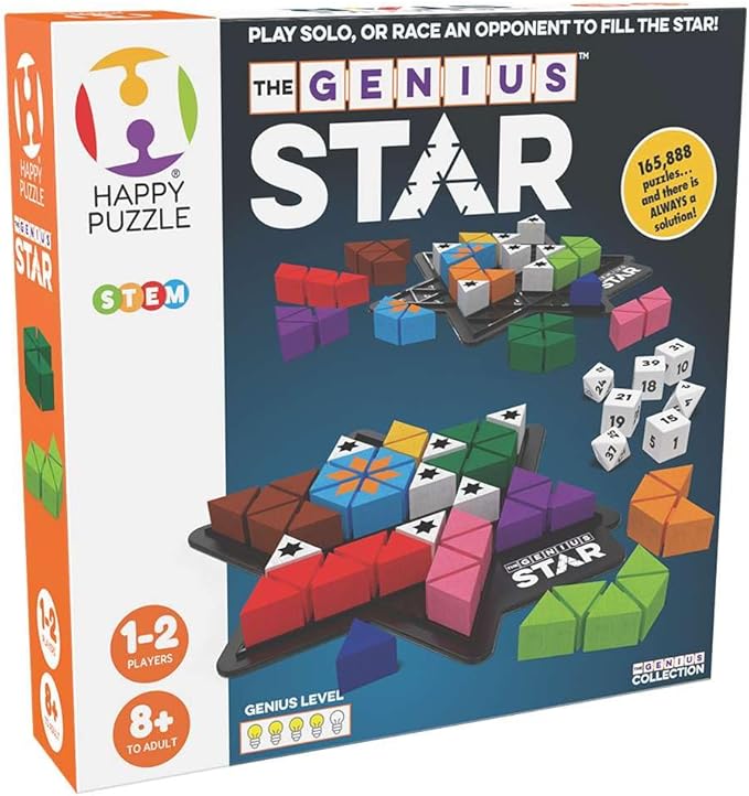 The Happy Puzzle Company The Genius Star | Toy of The Year Award Winning Family Board Game | 165888 Possible Puzzles | Filling in Colored Shapes | Blockers to Complete A Star | Golden Star Twist