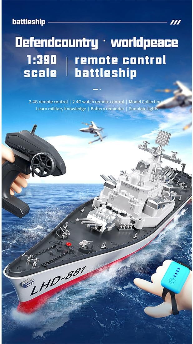 1/390 RC Battleship 2.4G 8-10KM/H Electric High-Frequency Twin-Engine Battleship Model Remote Control Military Warship Armed Cruiser Boat