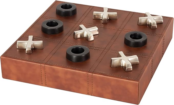 Deco 79 Faux Leather Tic Tac Toe Home Decor Game Set Decorative Board Game with Black and Silver Pieces Board Game 12 x 12 x 3 Brown