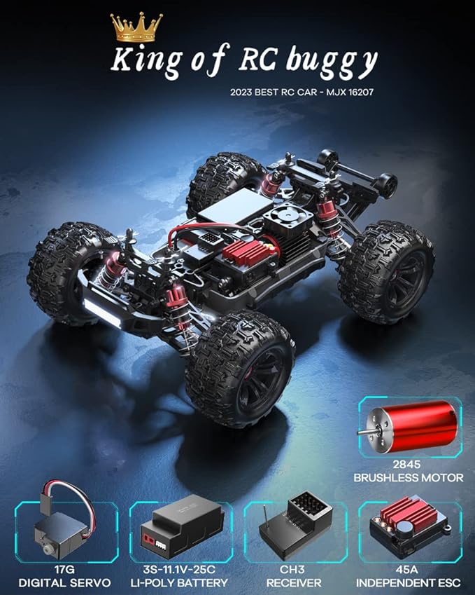 MJX Hyper GO 16207 with 3S Battery 1/16 RTR Brushless RC Cars 62KM/H Fast RC Truck 4WD All-Road Remote Control Cars for AdultsElectric Powered Hobby RC Buggy Gift for Adult