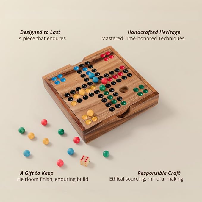 Premium Wooden Ludo Board Game – Handcrafted Travel-Size Game Set by SiamMandalay – 16 cm Compact Design with Dice &amp 16 Colorful Playing Pieces – Classic Strategy Game for Adults and Teenagers