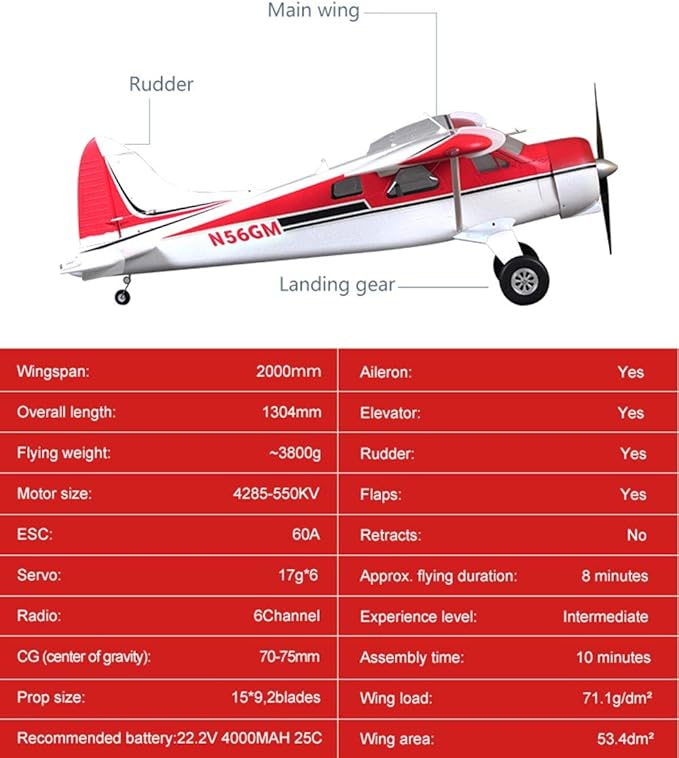 Fms Rc Plane 6 Channel Remote Control Airplane Beaver V2 2000mm (78) Wingspan with Flaps LED Water Plane Seaplane Without Float Rc Planes for Adults PNP (No Radio Battery Charger)