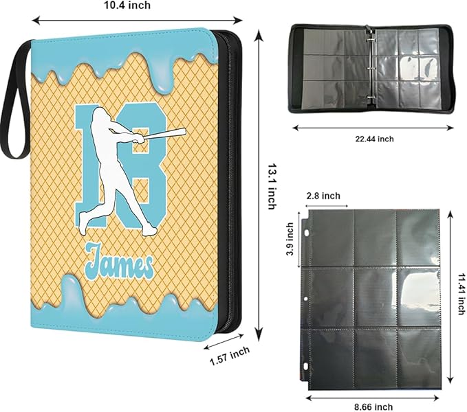 Personalized Ice Cream Drip Baseball Card Binder with Name &amp Number – Zipper Trading Card Album with Handle – Collector Case for Players &amp Fans (Ice Cream Drip Art #8)