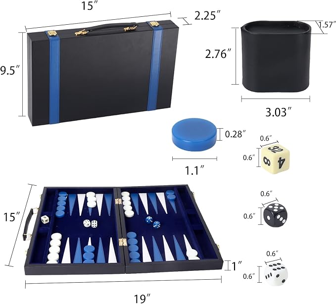 GSE Games &amp Sports Expert Premium Leather Backgammon Board Game Set Classic Backgammon Game Set with Leather Case Travel Folding Board Game (Black&ampBlue Medium)