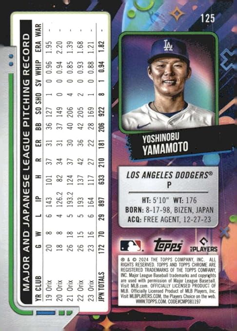 2024 Topps Chrome Cosmic #125 Yoshinobu Yamamoto Los Angeles Rookie Baseball Card - Sportscard Superstore