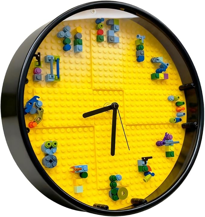 Kids' Creative STEM Educational Building Block Toy Building Block Display Case Fun Assembly Toy for Boys Aged 6–8 DIY Building Block Wall Clock Birthday Gift for Kids Aged 9–10 (Black frame)