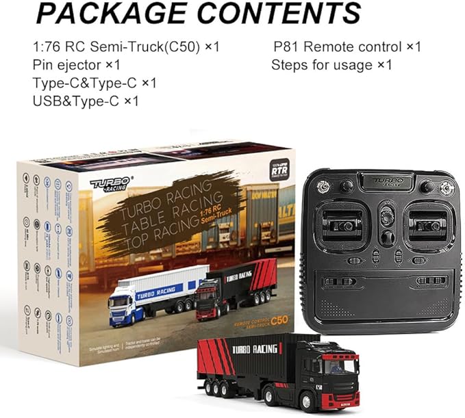 Turbo Racing 1:76 C50 RTR Tractor Remote Control Truck Four-Wheel Drive Simulated Headlights 10CH Minicar Model(Black-Red)