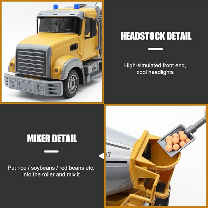 Fistone RC Cement Mixer Toy 6 Channel Truck with Lights 1:24 Electric 360 Degree Stirring Vehicle Rechargeable Construction Truck for Kids