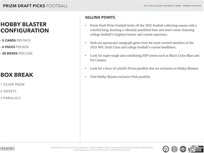 2025 Panini Prizm Draft Picks Football 6-Pack Hobby Blaster Trading Card Box (1 Silver Prizm Per Box)