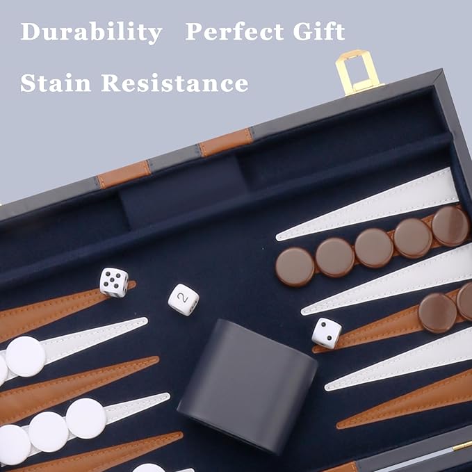 Backgammon Set - Classic Board Game with Premium Leather Case - Portable Travel Strategy Backgammon Game Set for Adults Kids - Suitable as (11inch Navy)