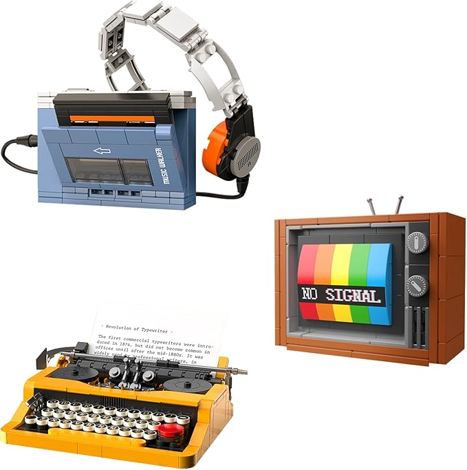 Typewriter Walkman Television Building Toys Collectible Vintage Display Model Office Room Decor 660 Pieces Model for Adults Girls Boys Kid Toys Gift (Vintage Three-Piece Set)