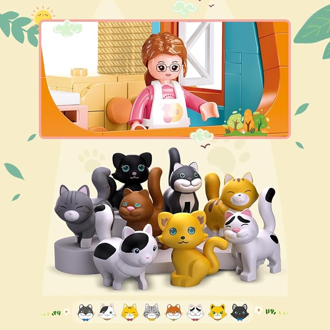 Cat House Building Set Animal Playground Crossing Toy with 8 Cats and a Doll Minifigures Compatible with Lego Friends Pet Sets Easter Gift Idea for Girls Kids Aged 6-12