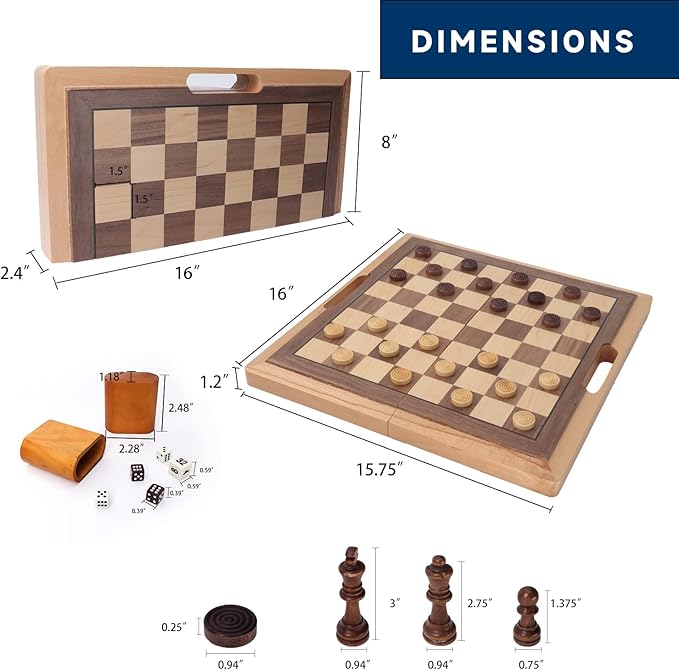 GSE Games &amp Sports Expert 16 Deluxe 3-in-1 Wooden Folding Chess Checker &amp Backgammon Board Game Combo Set Portable Travel Game Set for Kids &amp Adults