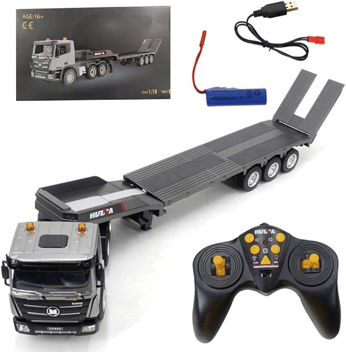 FunXylophy RC Semi Truck with Trailer 1/18 2.4GHz RC 9CH Flatbed Trailer Engineering Tractor Construction Truck Vehicles for Adult (RTR Version)