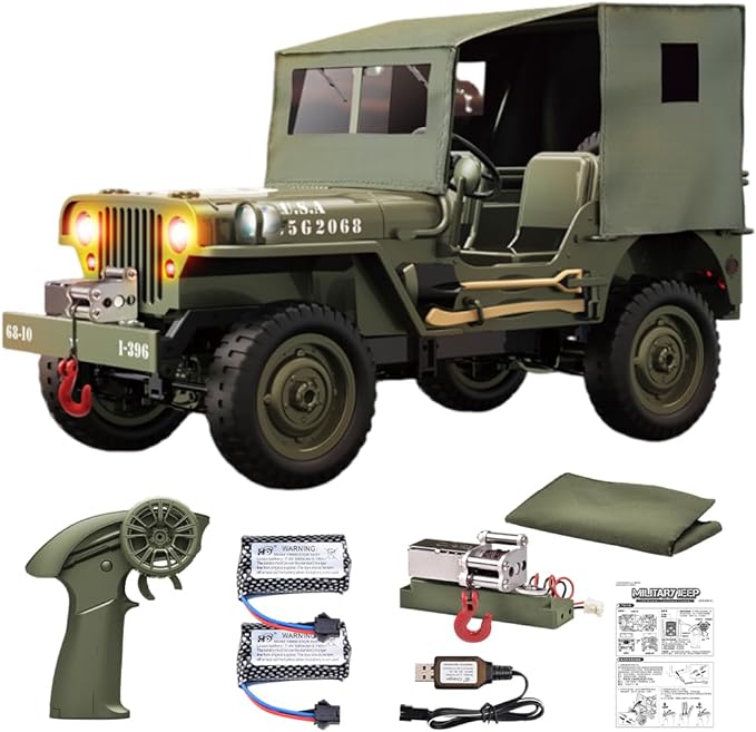 RC Military Truck Rock Crawler 1:10 4WD Off-Road Remote Control Military Jeep with Winch Canvas &amp 2 Batteries 2.4G All Terrain Army Climbing Vehicle with LED Lights for Kids Adult