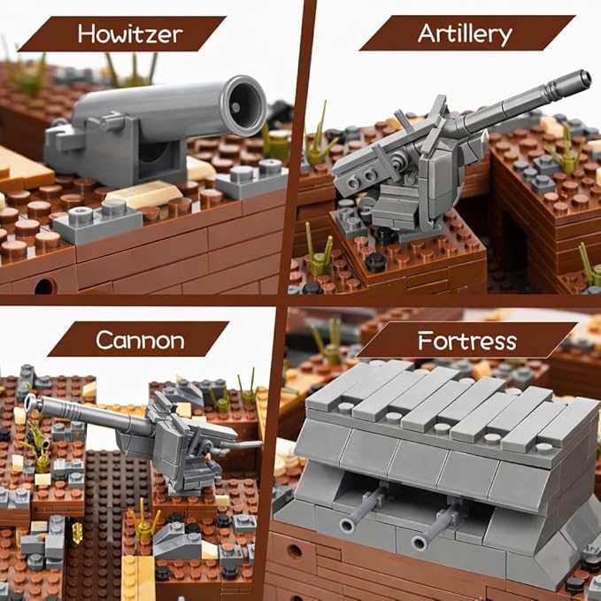 WW2 Military Trench Fortress Building Set（1350 pcs）Military Bunker Model Kit with Medical Room Armory Anti-Aircraft Gun&ampGround Fortress for Adults&ampKids STEM Creative Play Combat Display Co