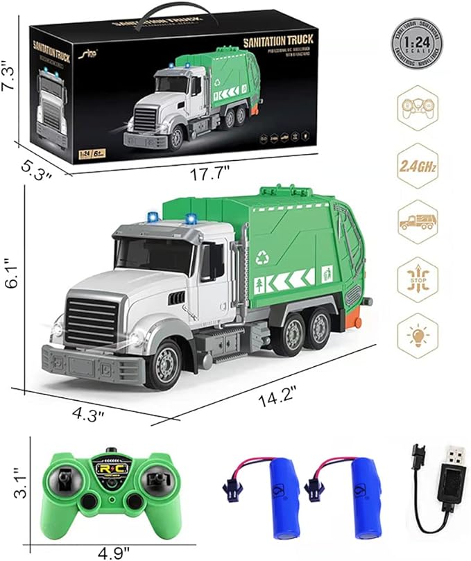 2.4G RC Garbage Truck Toy with Lights - 6 Channel Remote Control Waste Management Garbage Truck with 2 Rechargeable Batteries Kids Recycling Trash Toys Excellent Xmas Gifts for Boys Girls 3-8