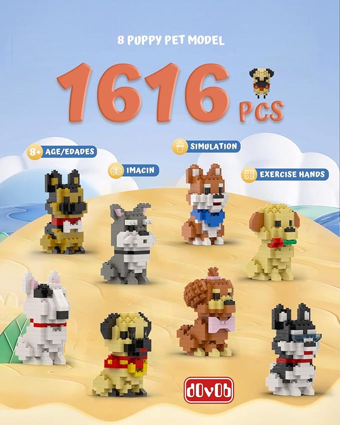 dOvOb Micro Mini Blocks 8 in 1 Dogs Set 1616 Pieces Bricks 3D Puzzle Collection Animal Model Toys as Gift for Adult or Kids