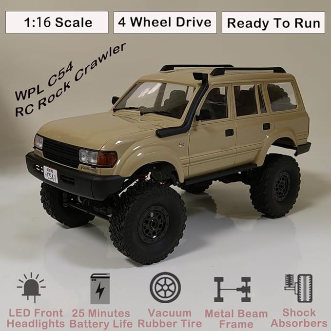 GoolRC RC Truck WPL C54 RC Crawler 1/16 Scale Remote Control Car 4WD All Terrain Off Road RC Rock Crawler 2.4GHz RC Climbing Car with LED Lights for Adults (Yellow)