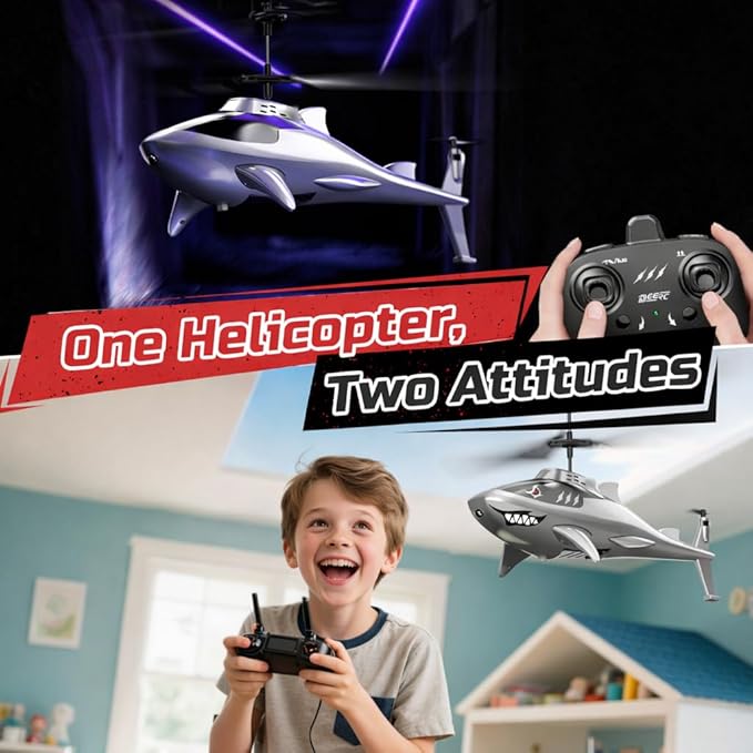 DEERC Remote Control Helicopter for Kids and Adults RC Shark Helicopter with Altitude Hold One Key Takeoff/Landing LED Lights 2 Batteries 24 Min Flight Time Indoor Flying Toy Gift